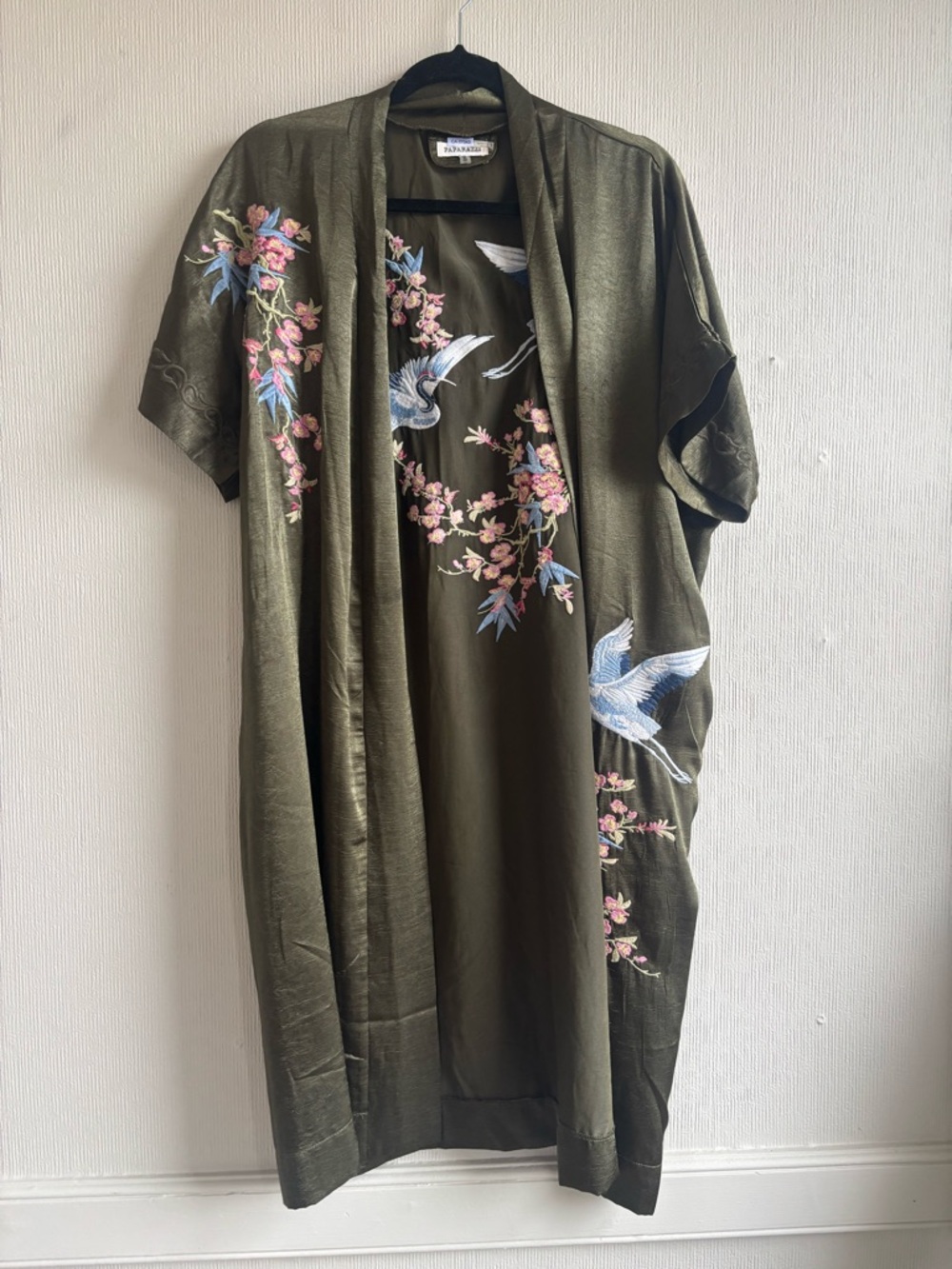 Olive Green Embroidered Bird & Blossom Satin Kimono